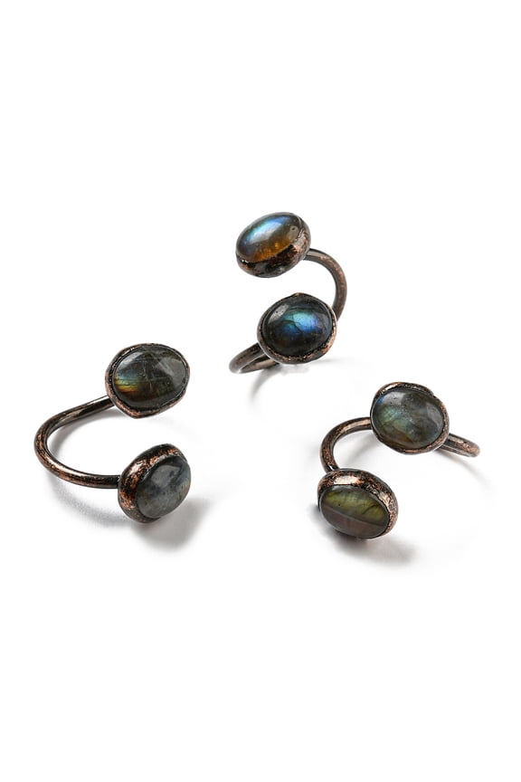 Oval Shape Natural Labradorite Open Cuff Rings Red Copper Tin Finger Ring Cadmium Free & Lead Free Inner Diameter: 19.2~19.7mm Labradorite