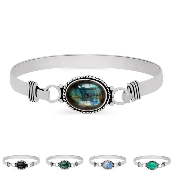 Oval Shape Onyx, Labradorite, Malachite, Moonstore or Turquoise Gemstone Cuff Bangle 925 Silver Plated Vintage Boho Style Jewelry
