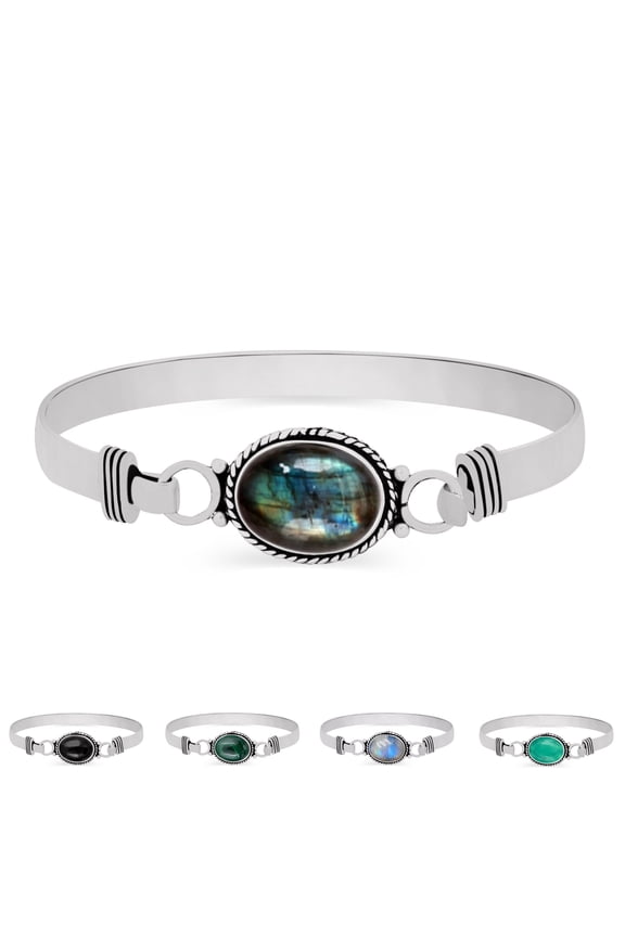 Oval Shape Onyx, Labradorite, Malachite, Moonstore or Turquoise Gemstone Cuff Bangle 925 Silver Plated Vintage Boho Style Jewelry