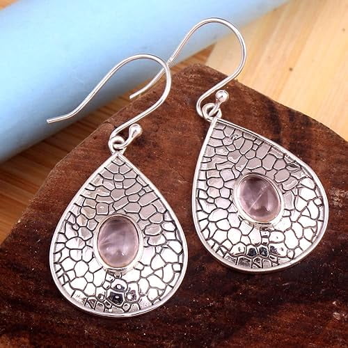 Oval Shape Rose Quartz Gemstone Earring 925 Sterling Silver Jewelry Silver Earring 1.6"
