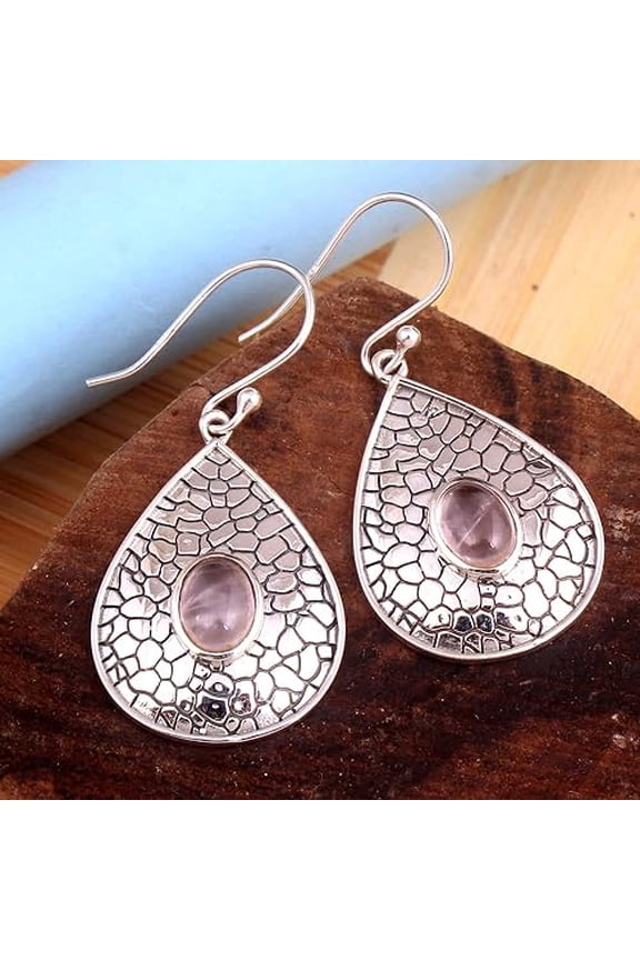 Oval Shape Rose Quartz Gemstone Earring 925 Sterling Silver Jewelry Silver Earring 1.6"