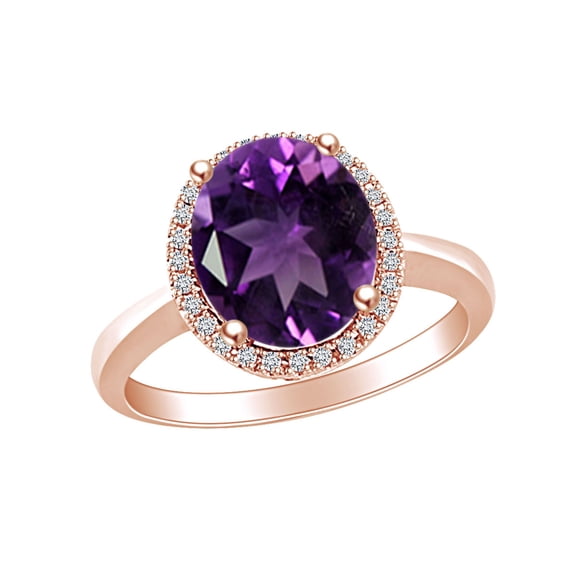 AFFY Oval Shape Simulated Amethyst & White Natural Diamond Cluster Engagement Ring In 10k Solid Rose Gold Ring Size-7