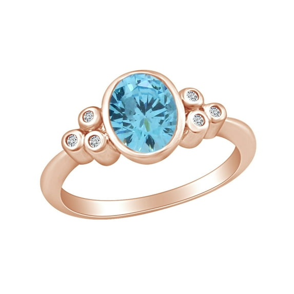 AFFY Oval Shape Simulated Aquamarine & White Natural Diamond Accents Engagement Ring In 10k Solid Rose Gold Ring Size-9