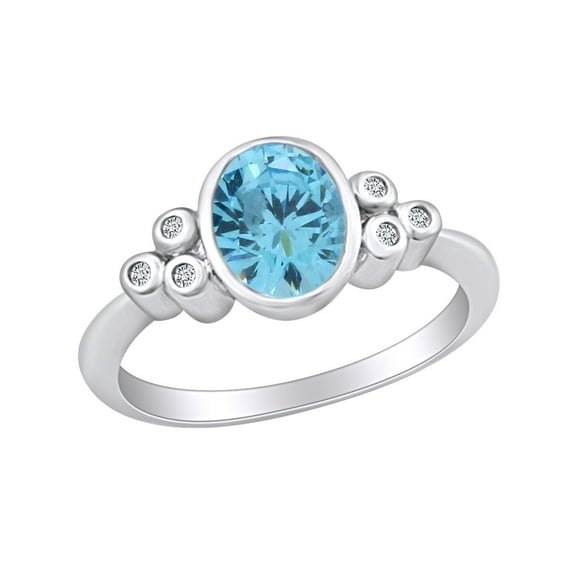 AFFY Oval Shape Simulated Aquamarine & White Natural Diamond Accents Engagement Ring In 10k Solid White Gold Ring Size-6