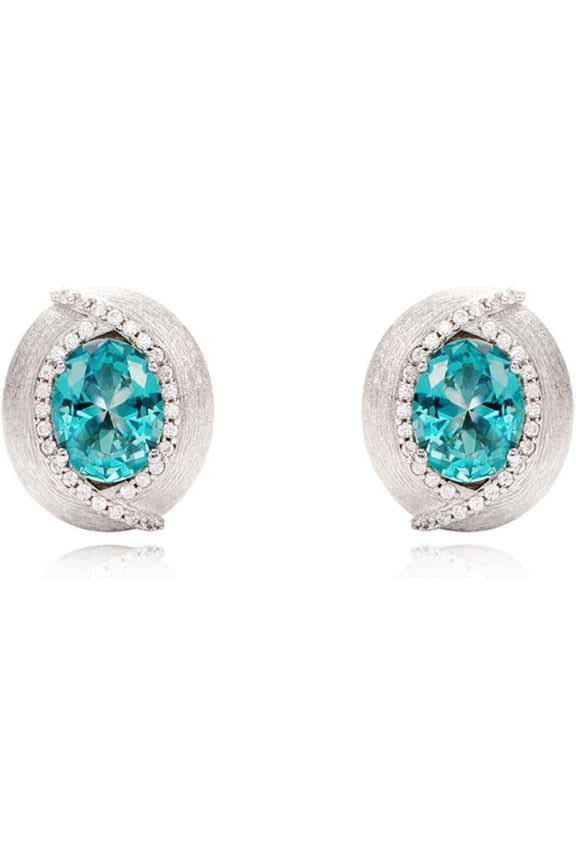 Oval Shape Simulated Blue Paraiba / Created Ruby Earrings for Women with Brushed Finish 925 Sterling Silver Earrings CZ Simulated Diamond Stud Earrings for Women