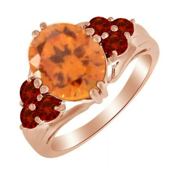 AFFY Oval Shape Simulated Citrine & Round Garnet Ring in 14k Rose Gold Over Sterling Silver Ring Size - 10