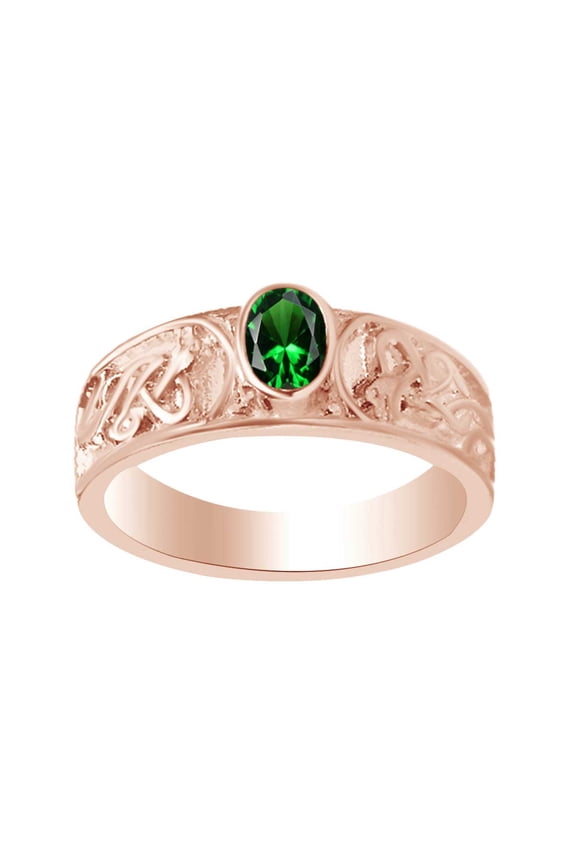 Oval Shape Simulated Emerald Celtic Engagement Wedding Band Ring In 14k Solid Rose Gold Ring Size-11.5
