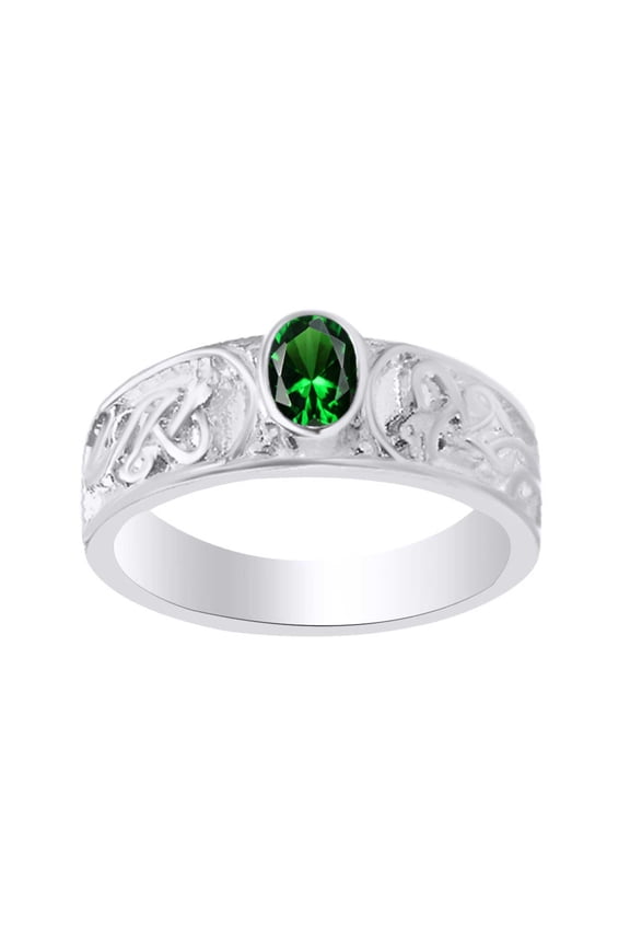 Oval Shape Simulated Emerald Celtic Engagement Wedding Band Ring In 14k Solid White Gold Ring Size-11.5