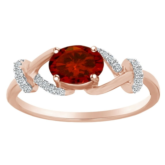 AFFY Oval Shape Simulated Garnet & White Natural Diamond Fashion Engagement Ring In 14k Solid Rose Gold Ring Size-8