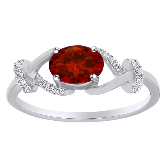 AFFY Oval Shape Simulated Garnet & White Natural Diamond Fashion Engagement Ring In 14k Solid White Gold Ring Size-10.5