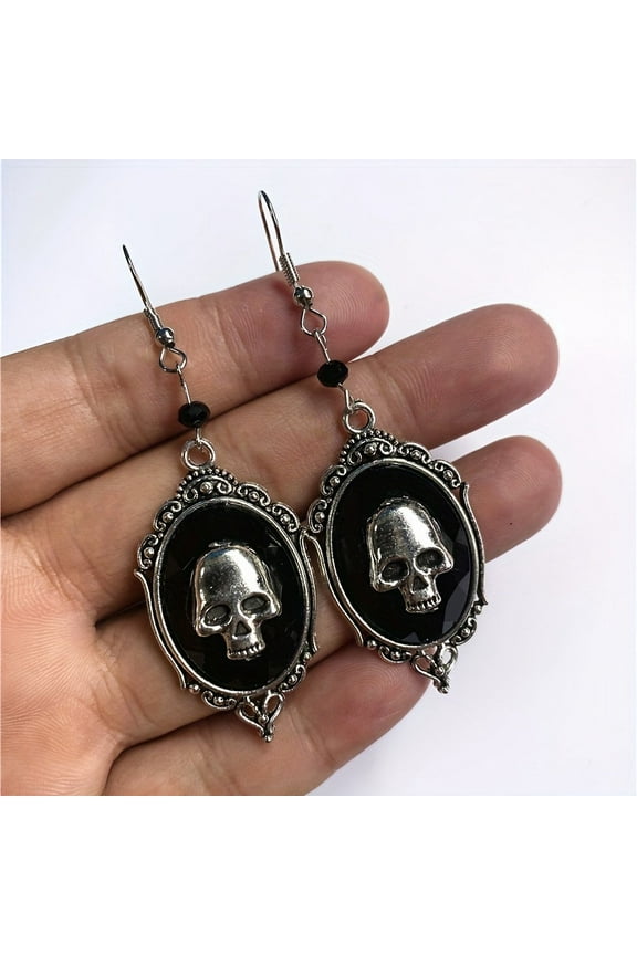 Oval Shape With Skull Pattern Black Dangle Earrings Hip Hop Style Alloy Jewelry Halloween Accessories