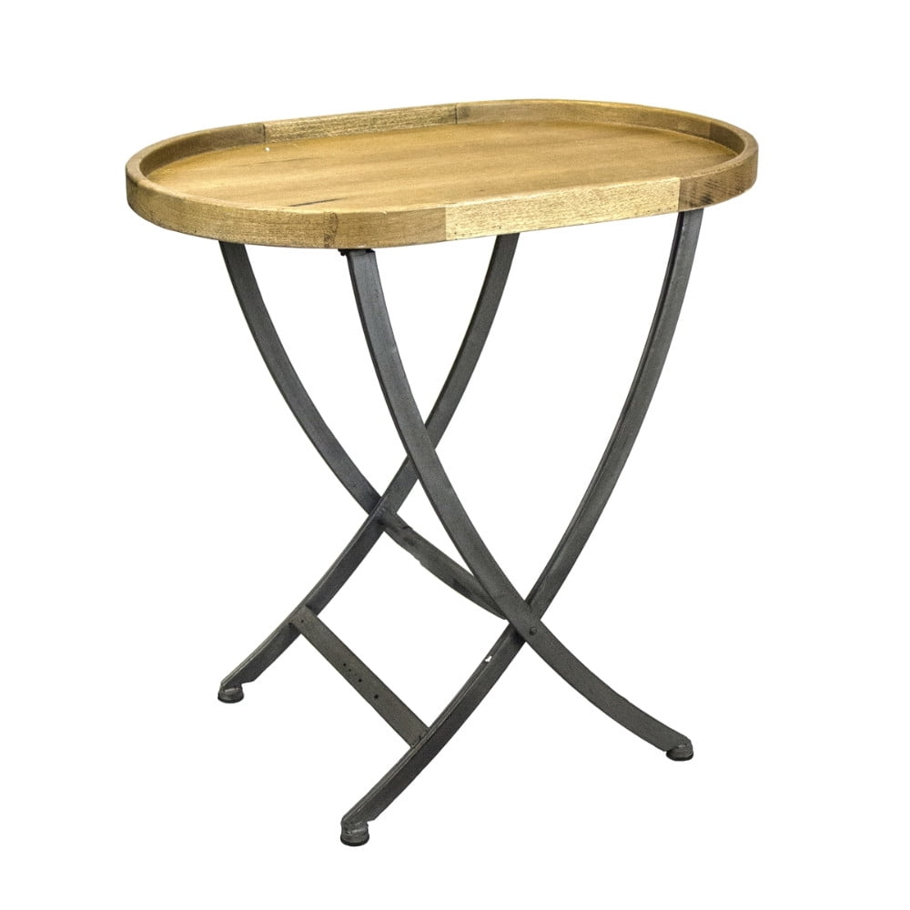 Oval Shape Wood & Metal Side Table With Cross Legs, Brown