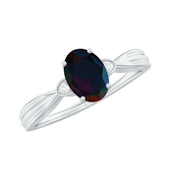 Rosec Jewels Real Black Opal Oval Engagement Ring for Women - 5X7 mm - Black Opal Diamond Ring - AAA Grade - With Jewelry Box, 14K White Gold, US 5.00