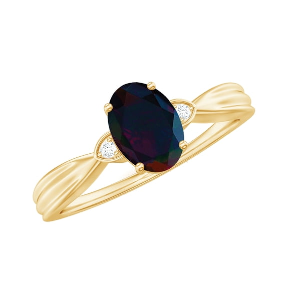Rosec Jewels Real Black Opal Oval Engagement Ring for Women - 5X7 mm - Black Opal Diamond Ring - AAA Grade - With Jewelry Box, 14K Yellow Gold, US 11.00