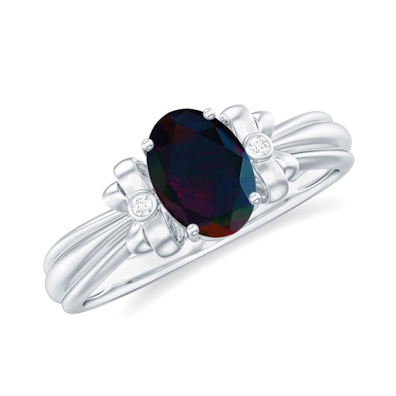 Rosec Jewels Real Black Opal Diamond Engagement Ring with Bow - (0.9 Ct) AAA Quality Black Opal Ring for Women - Ready to Gift, 925 Sterling Silver, US 4.00