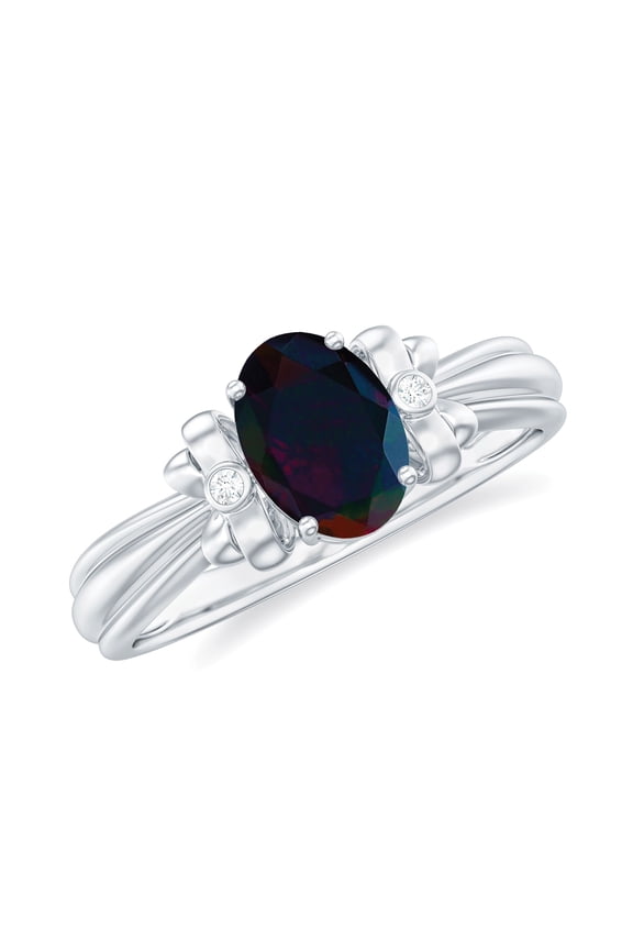 Real Black Opal Diamond Engagement Ring with Bow - (5X7 mm) AAA Quality Black Opal Ring for Women - Ready to Gift, 925 Sterling Silver, US 4.00