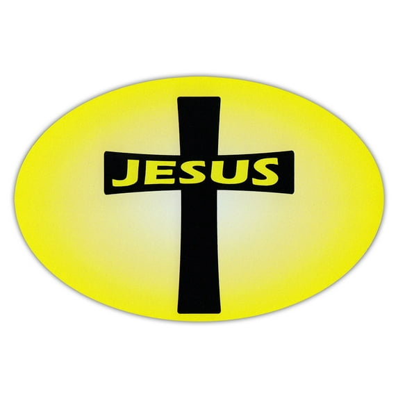 Oval Shaped Car/Refrigerator Magnet - Jesus (Yellow, Black Cross Design) - Religious, Christianity, Church, God