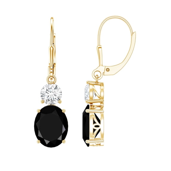Rosec Jewels Oval Shaped Created Black Diamond Drop Earrings with Moissanite, Lever Back (8X10 mm, AAAA Grade), 10K Yellow Gold
