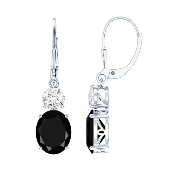 Rosec Jewels Oval Shaped Created Black Diamond Drop Earrings with Moissanite, Lever Back (8X10 mm, AAAA Grade), 18K White Gold