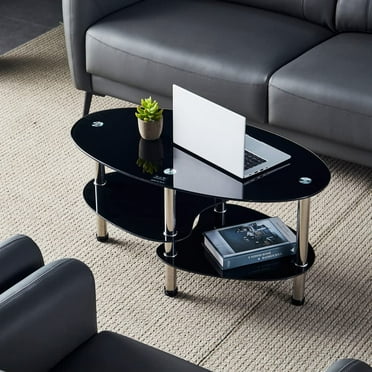 Oval-Shaped Glass Tea Table for Office, 3-Tier Modern Coffee Table, End Table for Living Room (Black)