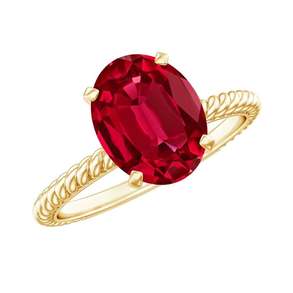Rosec Jewels Oval Shaped Lab Grown Ruby Solitaire Ring with Surprise Diamond (8X10 mm), 10K Yellow Gold, US 10.00