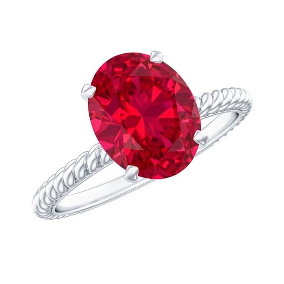 Oval Shaped Lab Grown Ruby Solitaire Ring with Surprise Diamond (4 Carat), 18K White Gold, US 11.50