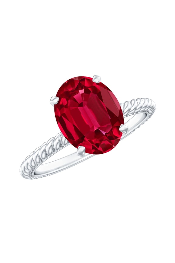 Oval Shaped Lab Grown Ruby Solitaire Ring with Surprise Diamond (4 Carat), 925 Sterling Silver, US 4.00