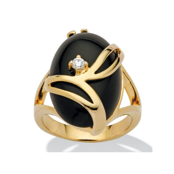 Oval-Shaped Onyx and Crystal Accent Cocktail Ring in Gold-Plated