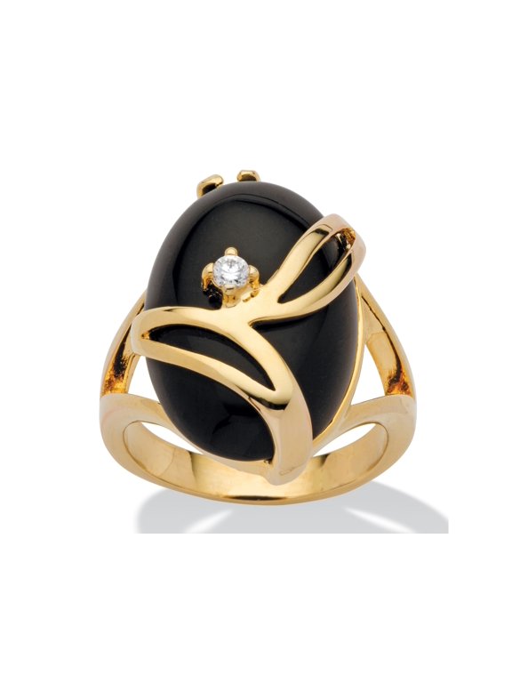 Oval-Shaped Onyx and Crystal Accent Cocktail Ring in Gold-Plated