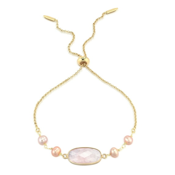 Oval Shaped Pink Quartz with Pearls Gold-Plated Pull String Bracelet