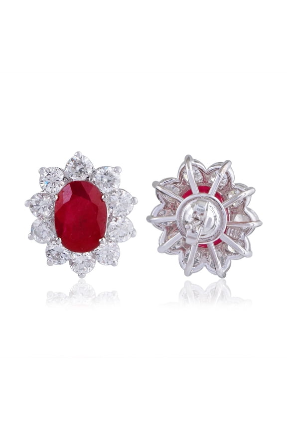 Oval Shaped Real Ruby Solid 18Kt White Gold SI Clarity HI Color Diamond Fine Stud Earrings