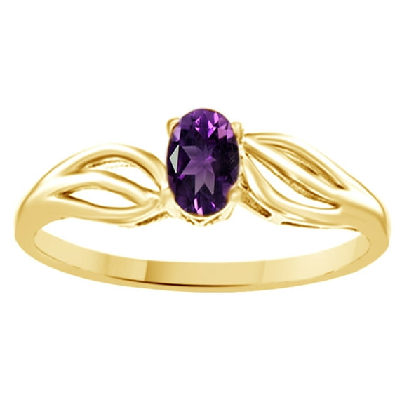 Oval Shaped Simulated Amethyst Fashion Solitaire Ring In 14k Yellow Gold Over Sterling Silver