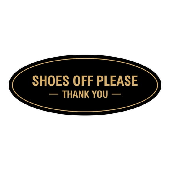 Oval Shoes Off Please Thank You Sign (Black /Gold) - Small 2x5"