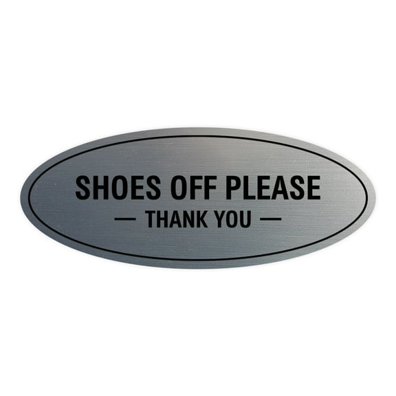 Oval Shoes Off Please Thank You Sign (Brushed Silver) - Small 2x5"