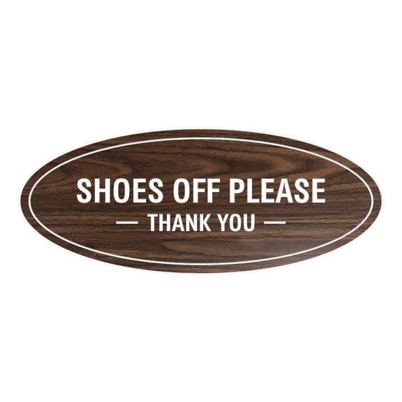 Oval Shoes Off Please Thank You Sign (Walnut) - Small 2x5"