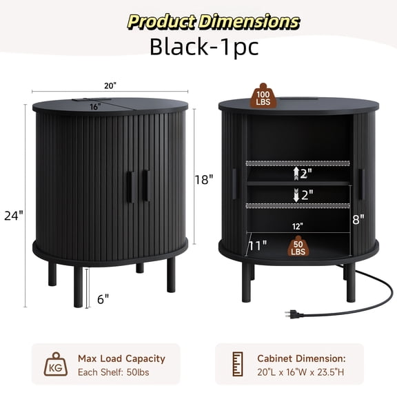 Oval Side Table with Sliding Door Storage, Built-in Charging Station, and Adjustable Shelf, Mid-Century Modern Design for Living Room or Bedroom in Multiple Finishes