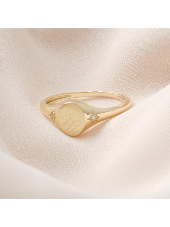 Oval Signet Initial Ring with Double Side Starburst Diamonds, 14K Gold Plated 925 Sterling Silver Engraved Pinky Ring, Personalized Alphabet Jewelry Gift