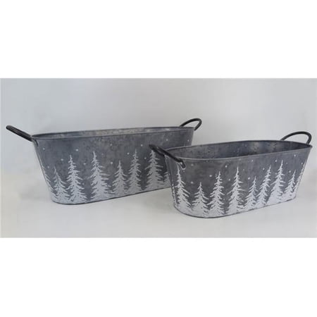 Oval Silver with White Trees & Handles Metal Planters, Set of 2