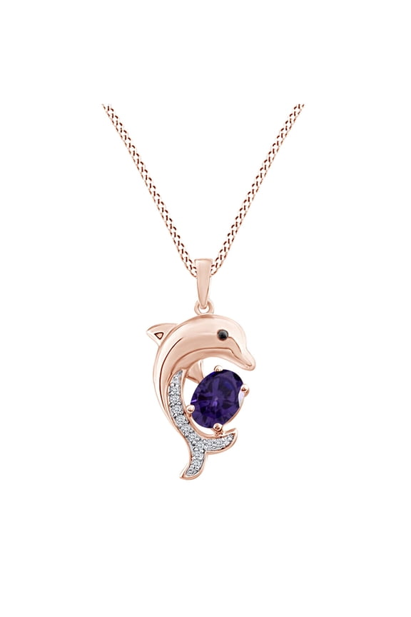 Oval Simulated Alexandrite & White,Black Cubic Zirconia Dolphin Pendant Necklace 14k Rose Gold Over Sterling Silver 18" Chain