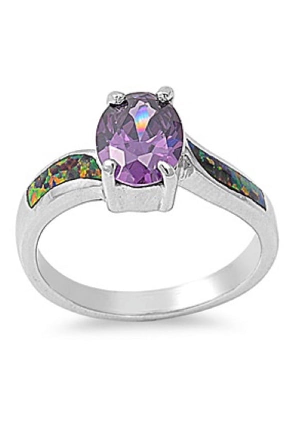 Oval Simulated Amethyst Cubic Zirconia Black Simulated Opal Ring Sterling Silver Size 9