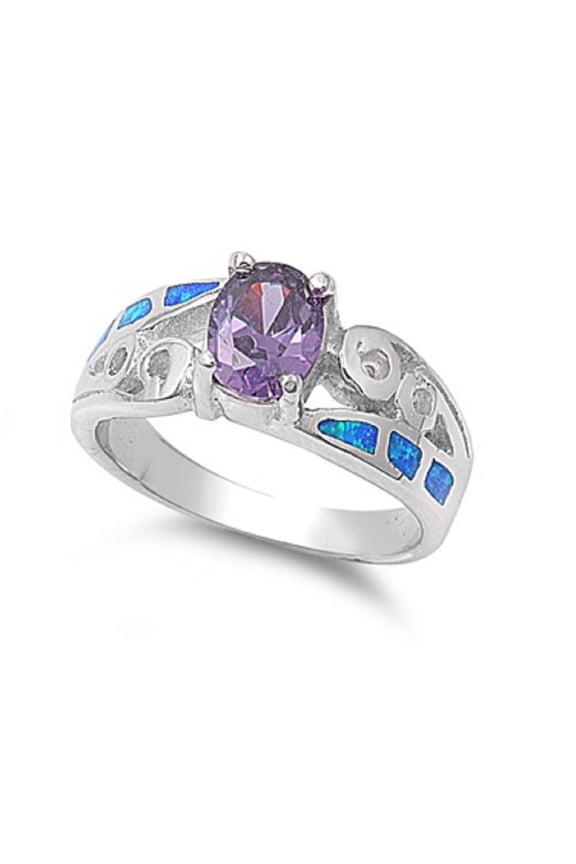 Oval Simulated Amethyst Cubic Zirconia Designer Blue Simulated Opal Ring Sterling Silver Size 8