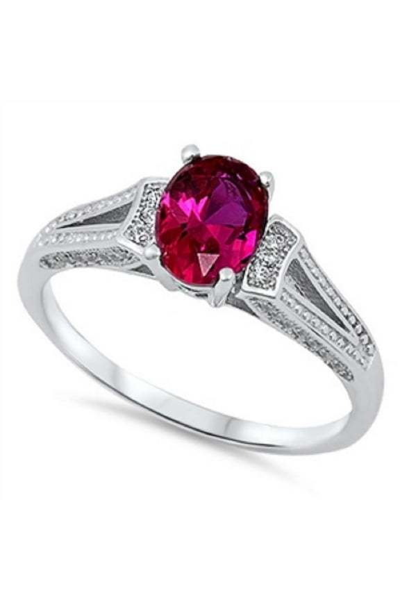 Oval Simulated Ruby Cubic Zirconia Bridal Ring Sterling Silver Size 10