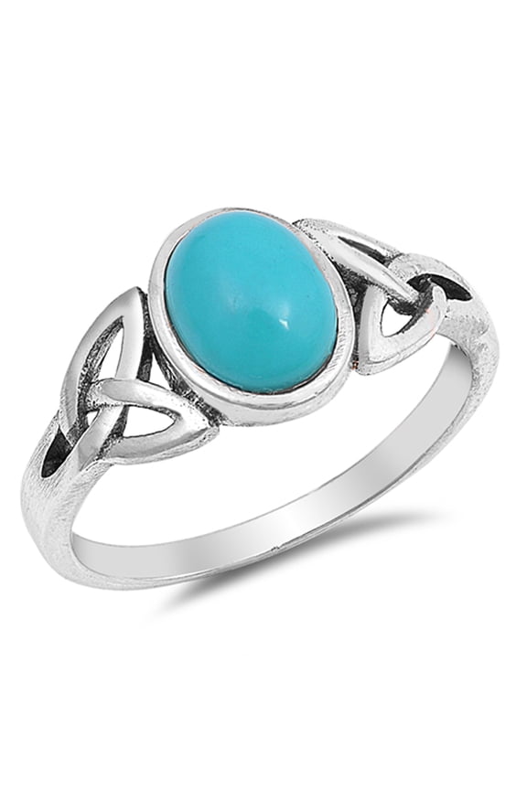 Oval Simulated Turquoise Oxidized Celtic Trinity Knot Ring Sterling Silver Band Blue CZ Female Size 5
