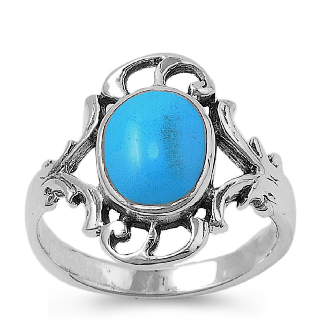 Oval Simulated Turquoise Stone Filigree Noveau Ring Sterling
