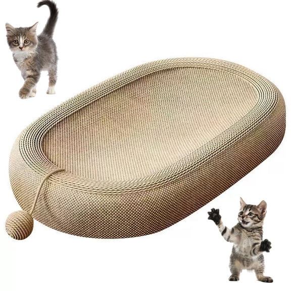Oval Sisal Cat Scratcher Bed, Durable Cat Scratching Pad with Interactive Ball Toy, Cat Scratcher Lounge Bed for Indoor Cats, No Fray Cat Scratch Mat for Rest and Scratching