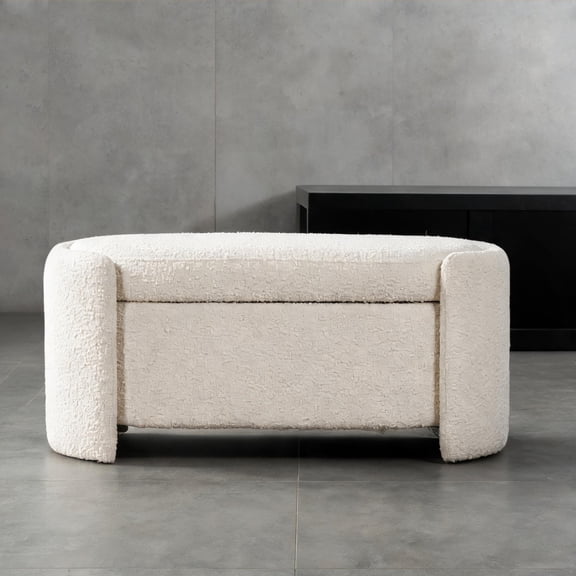 Oval Soft White Boucle Storage Bench, 43 Inch 2-Person Flip Top Bench for Indoor Seating and Organization