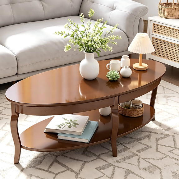 Oval Solid Wood Coffee Table with Storage, Antique Farmhouse Living Room Table, Rustic Center Table for Living Room, Guest Room, Reception Room, Waiting Room, Brown Walnut Color