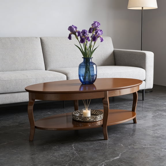 Oval Solid Wood Coffee Table with Storage, Farmhouse Living Room Table, Country Rustic Center Table for Living Room, Reception Room, Waiting Room, Brown Walnut Color