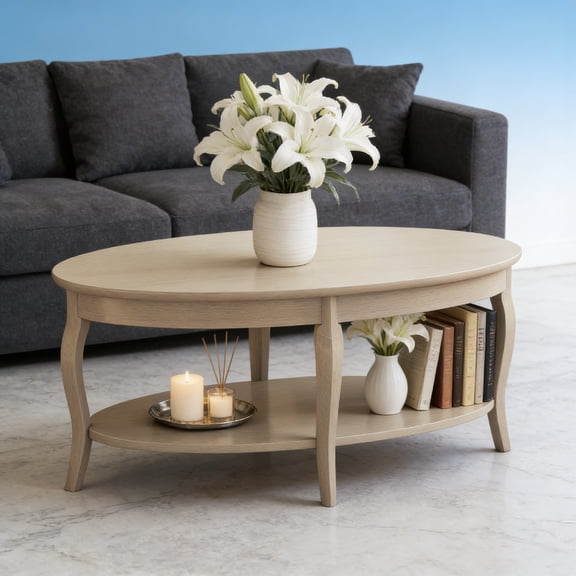 Oval Solid Wood Coffee Table with Storage, Farmhouse Living Room Table, Country Rustic Center Table for Living Room, Reception Room, Waiting Room, Faded White Color
