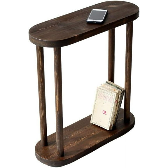 Oval Solid Wood Narrow Side Table, Slim Small Pedestal Coffee Table for Living Room, Modern Minimalist Design for Small Spaces, Recliner Drink Table (Dark Walnut, Large)
